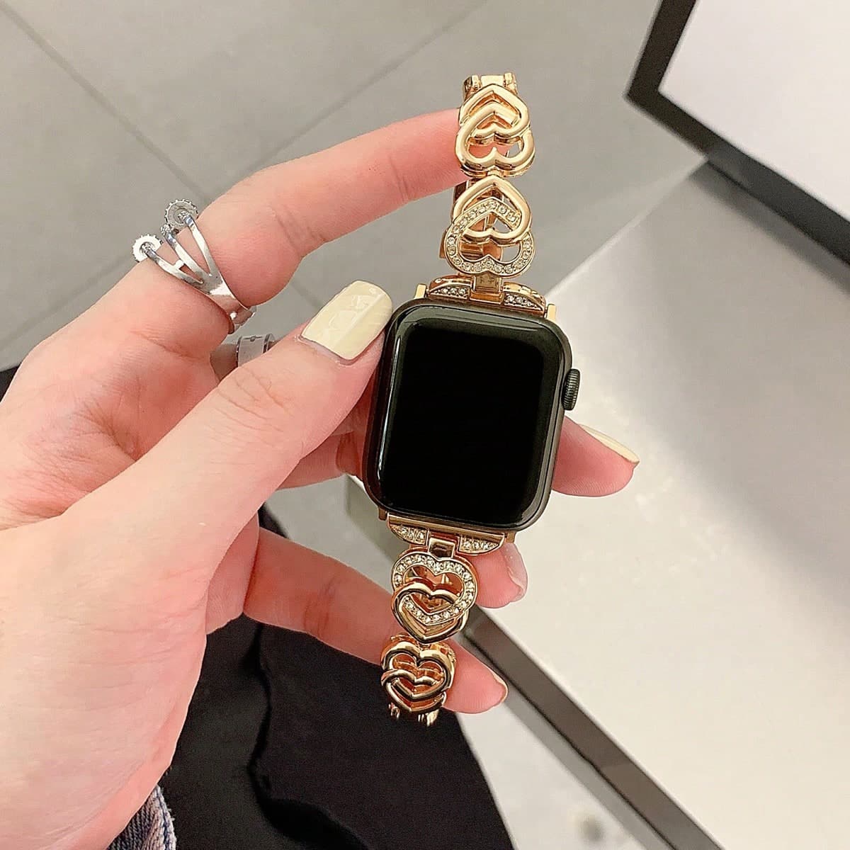 1 piÃ¨ce Bracelet pour montre Apple Apple Watch, grande marque, design crÃ©atif mignon Ã double cÅ“ur de luxe, incrustÃ© de strass brillants en