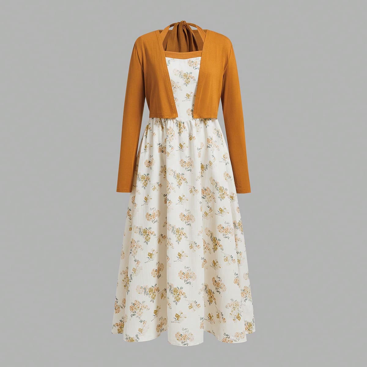 Ensemble de 2 piÃ¨ces pour femmes avec manteau Ã manches longues exceptionnelles et une robe sans manches Ã bretelles spaghetti imprimÃ©e de fleurs
