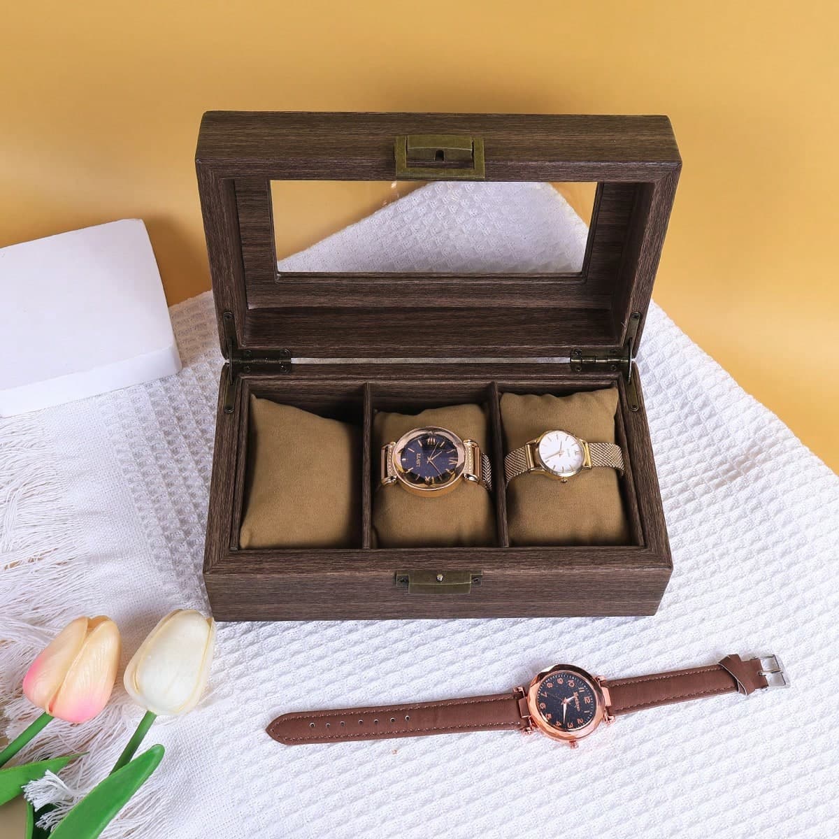 1 pièce Boîte à montre en PU grain bois vintage, boîtier de rangement et d'affichage de montre à couvercle rabattable de luxe